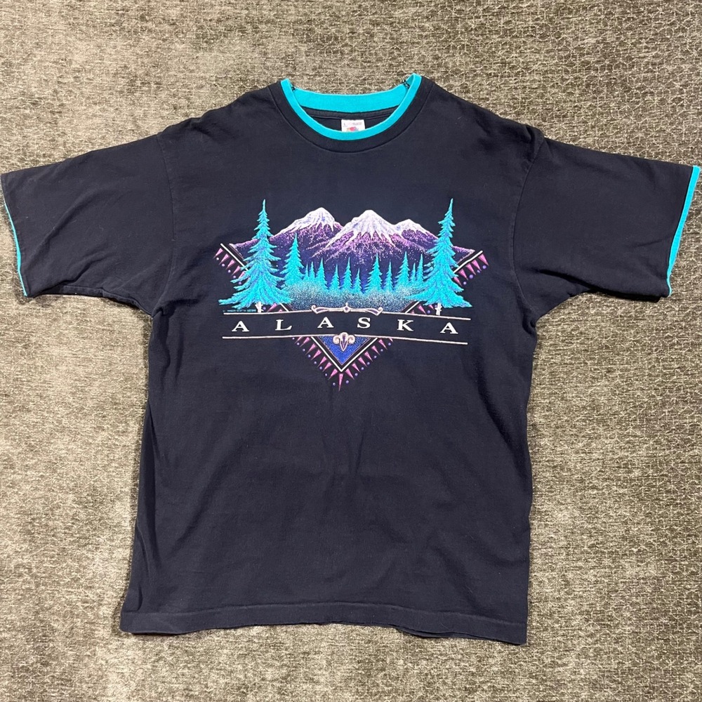 Fruit of the Loom T-Shirt Adult Large Black Alaska Vintage 1992 Maiden West USA